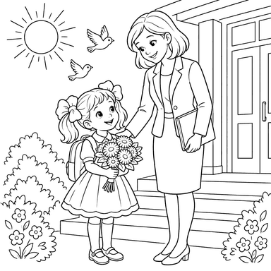 Первоклассница и учительница у школы