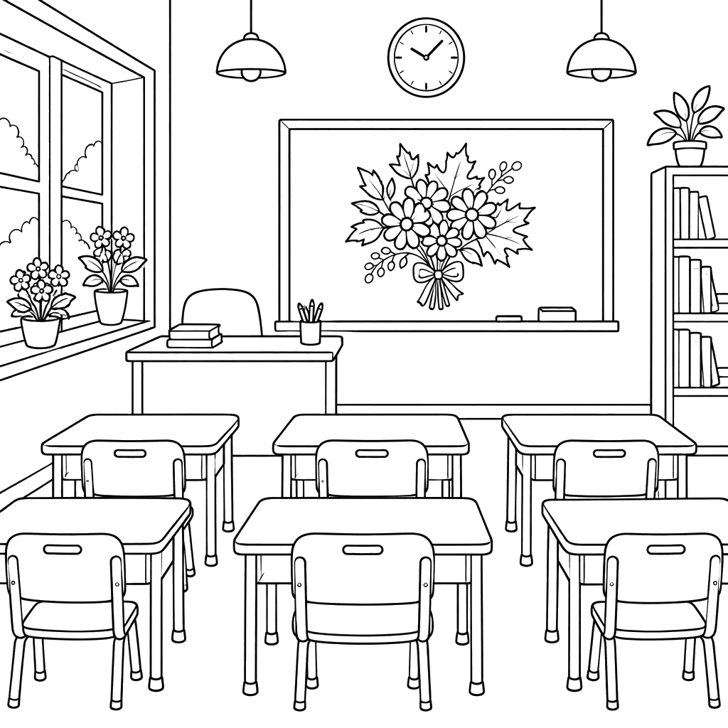 Desenho para colorir de sala de aula com buquê de outono