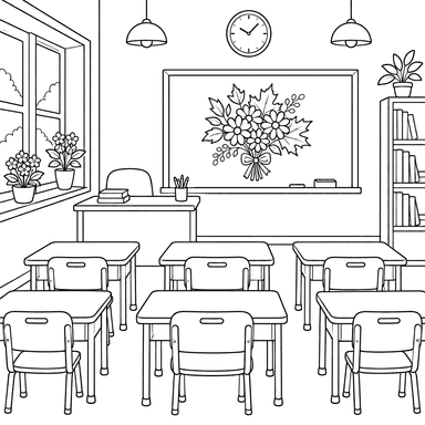 Ausmalbild: Klassenzimmer mit Herbststrauß