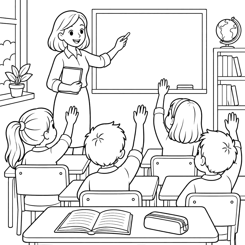 Lehrerin an der Tafel mit meldenden Kindern