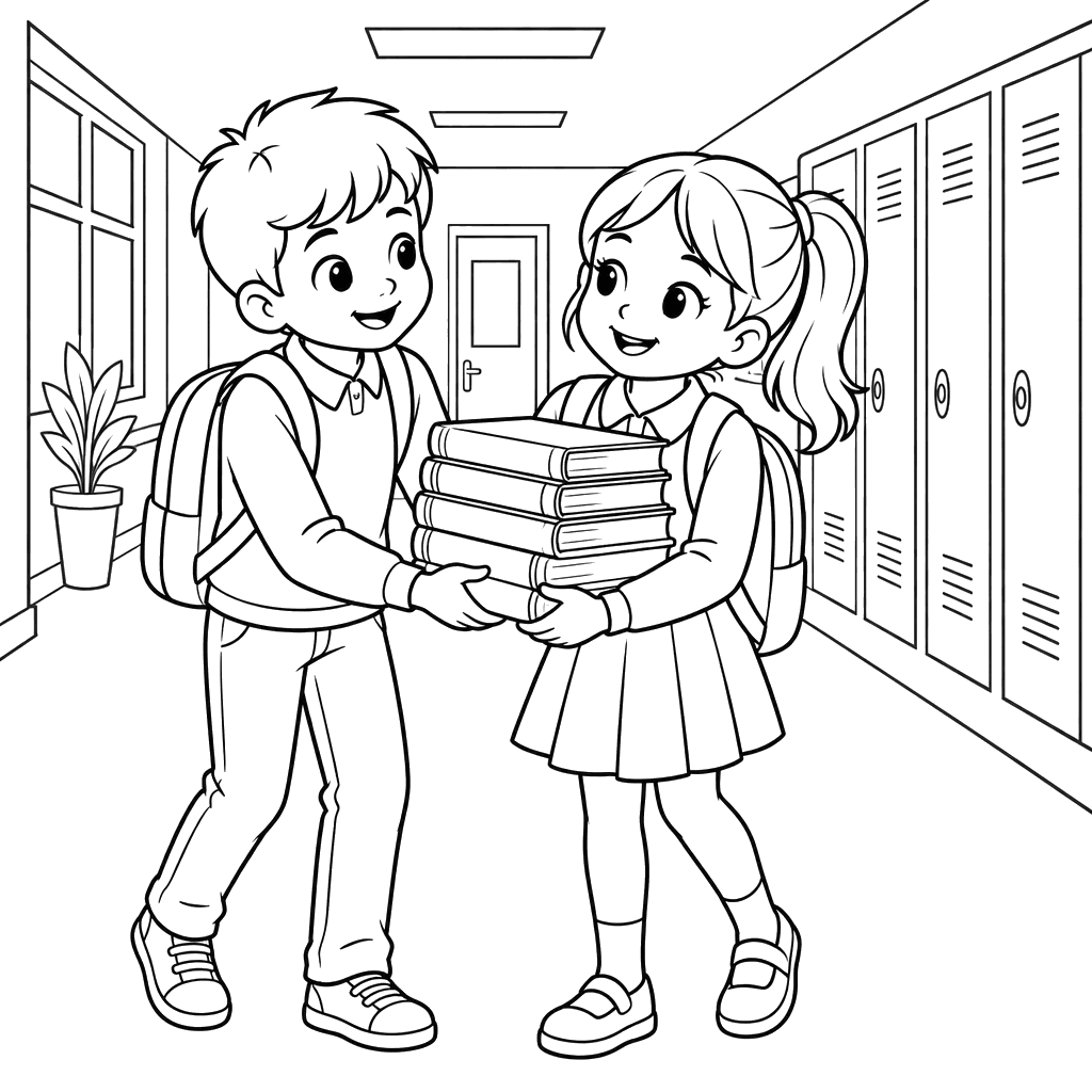 Alunos carregando livros no corredor escolar