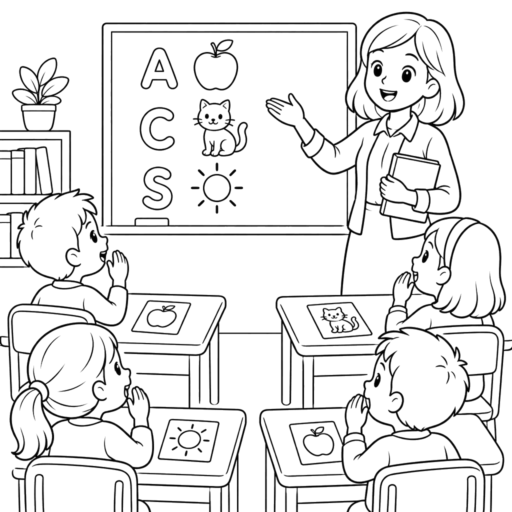 Englischunterricht im Klassenzimmer – Ausmalbild
