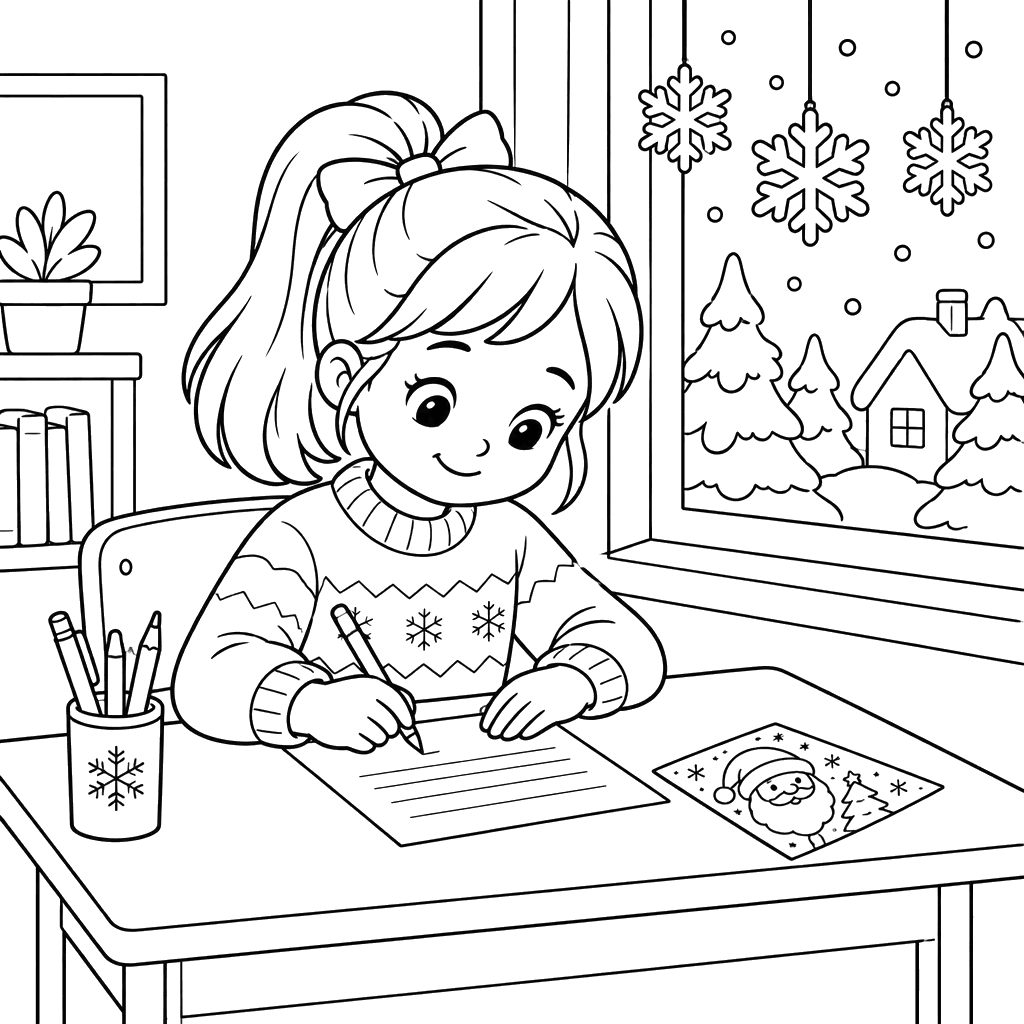 Menina escrevendo ao Papai Noel – desenho para colorir