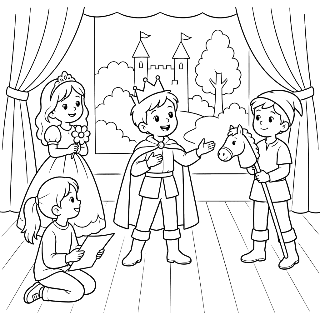 Desenho para colorir de teatro infantil com princesa e príncipe