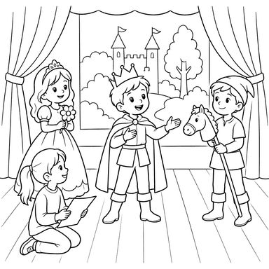 Desenho para colorir de teatro infantil com princesa e príncipe