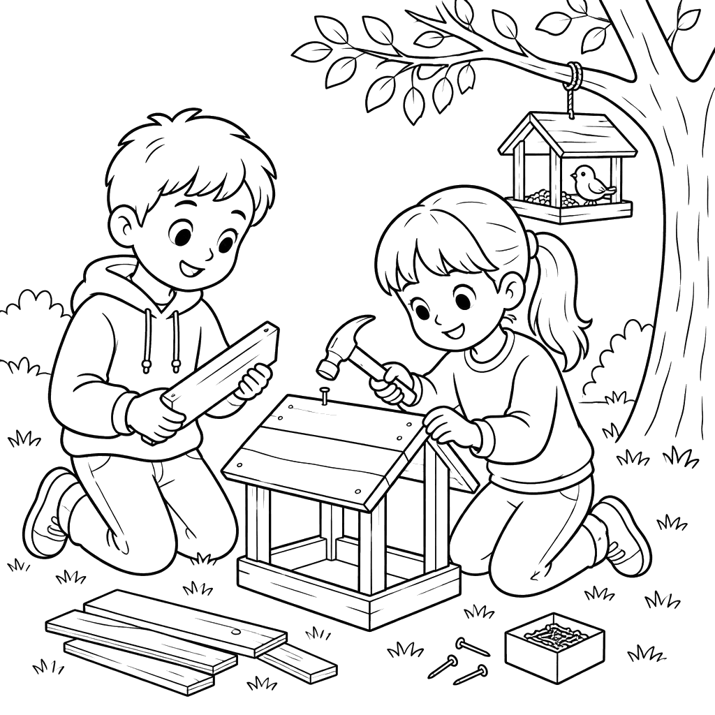 Desenho para Colorir: Crianças Fazendo um Comedouro