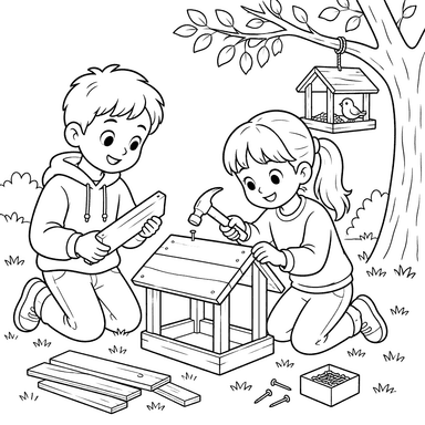 Dibujo para colorear de niños haciendo un comedero