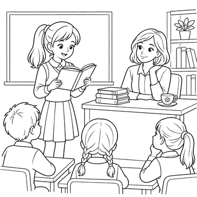 Schoolgirl Reading a Book in Class