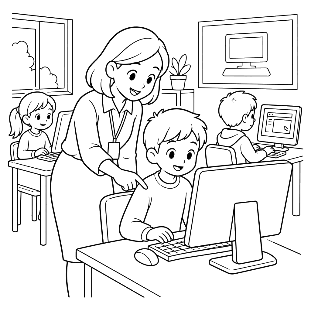 Aula de informática com professora e alunos