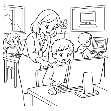 Aula de informática com professora e alunos