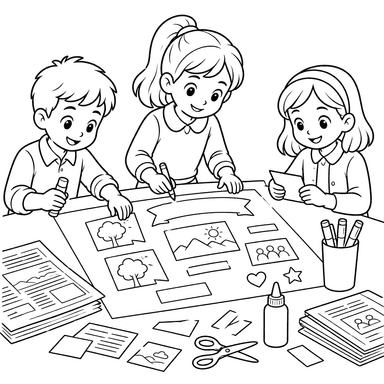 Ausmalbild: Schulkinder gestalten ein Plakat