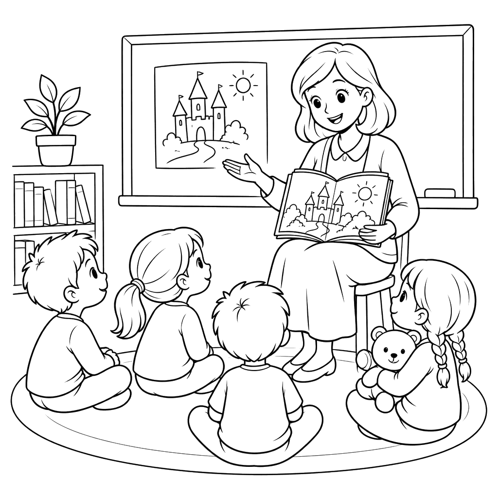 Professora lendo um conto para crianças