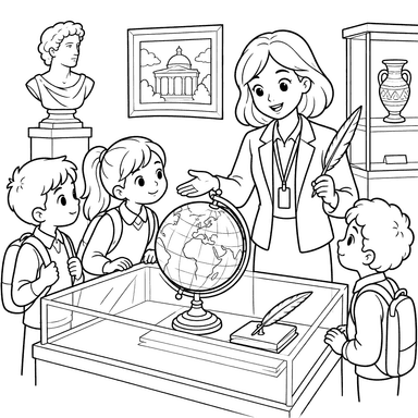 School Museum Guide and Globe Coloring Page