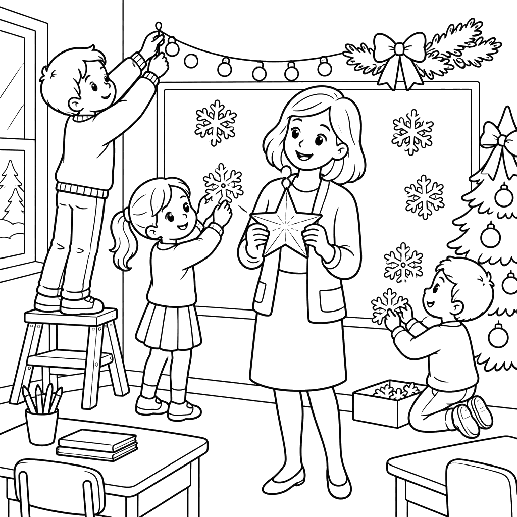 Desenho para colorir: sala de aula de Ano-Novo