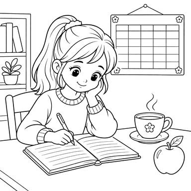 Niña escribiendo en su diario - dibujo para colorear