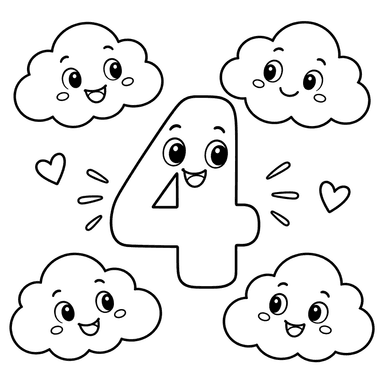 Ausmalbild: Zahl 4 und vier lächelnde Wolken