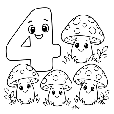 Ausmalbild: Zahl 4 und vier Pilze