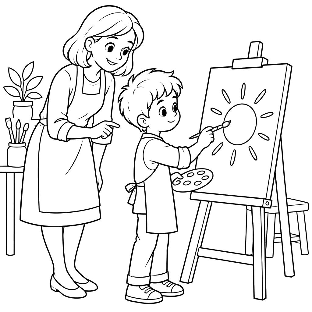 Menino pintando um sol com sua professora