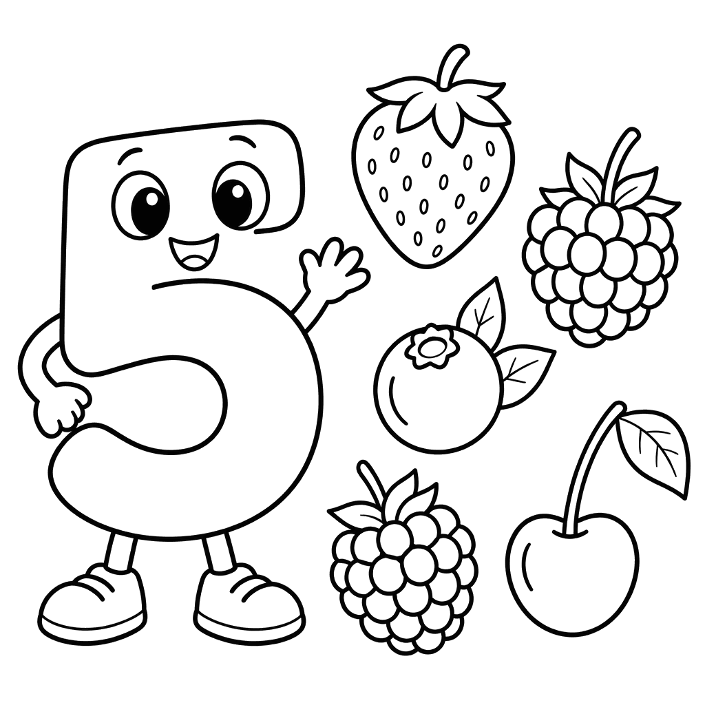 Zahl 5 mit fünf Beeren – Ausmalbild