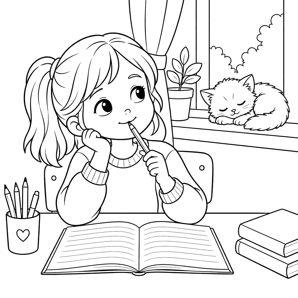 Fille au bureau avec un chaton endormi
