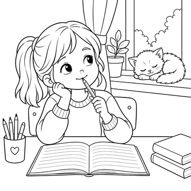 Thoughtful Girl at a Desk with Sleeping Kitten