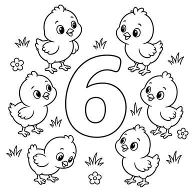 Ausmalbild: Sechs Küken und die Zahl 6