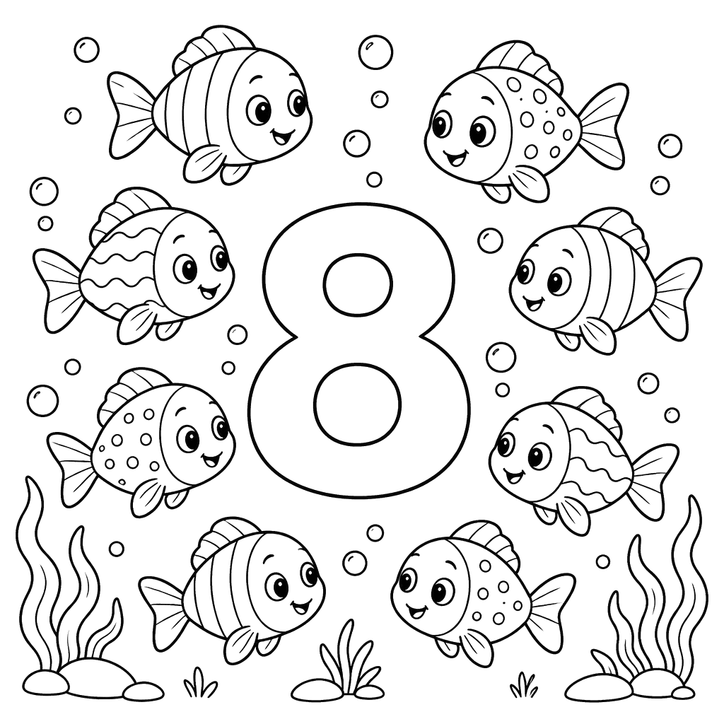 Zahl 8 mit acht Fischen – Ausmalbild