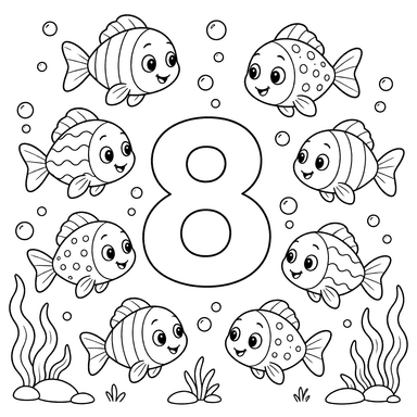 Desenho para colorir do número 8 com oito peixes