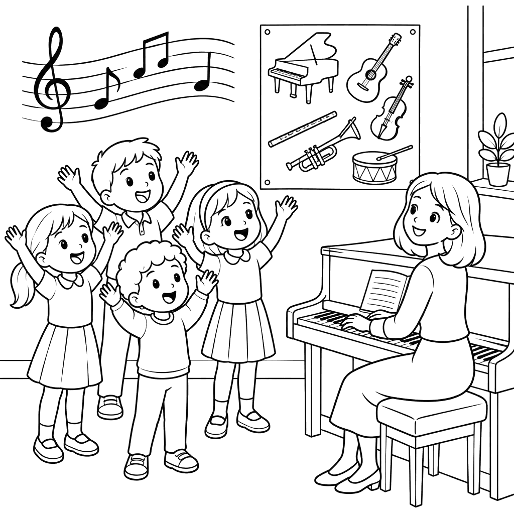 Aula de música com crianças e piano