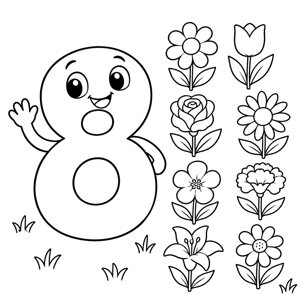 Ausmalbild: Zahl 8 mit acht Blumen