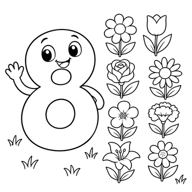 Ausmalbild: Zahl 8 mit acht Blumen