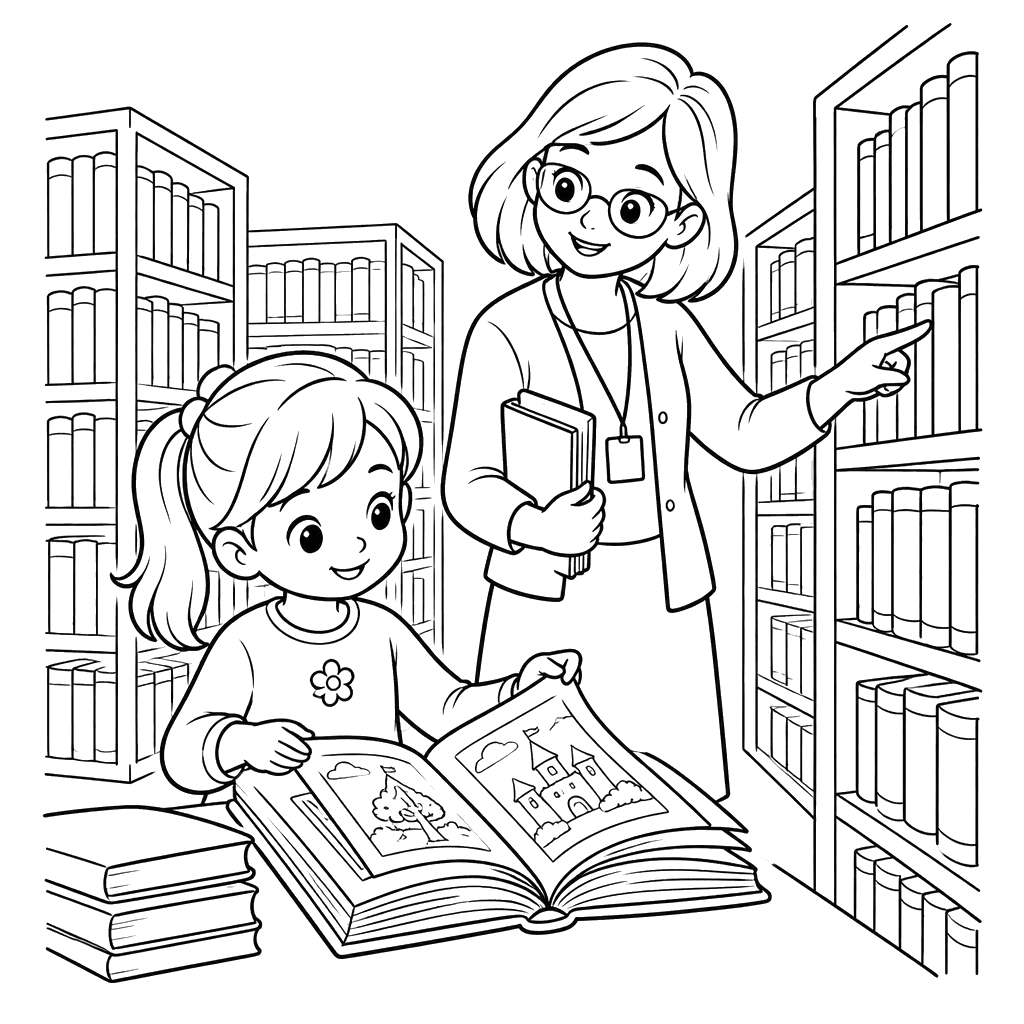 Mädchen und Bibliothekarin in der Bibliothek – Ausmalbild