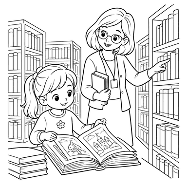 Dibujo para colorear de niña y bibliotecaria