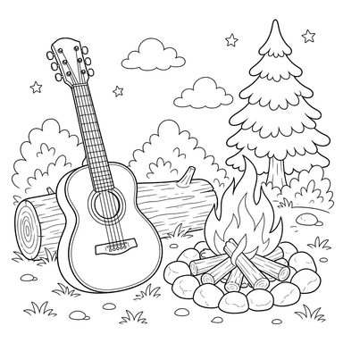 Desenho de Violão na fogueira para colorir