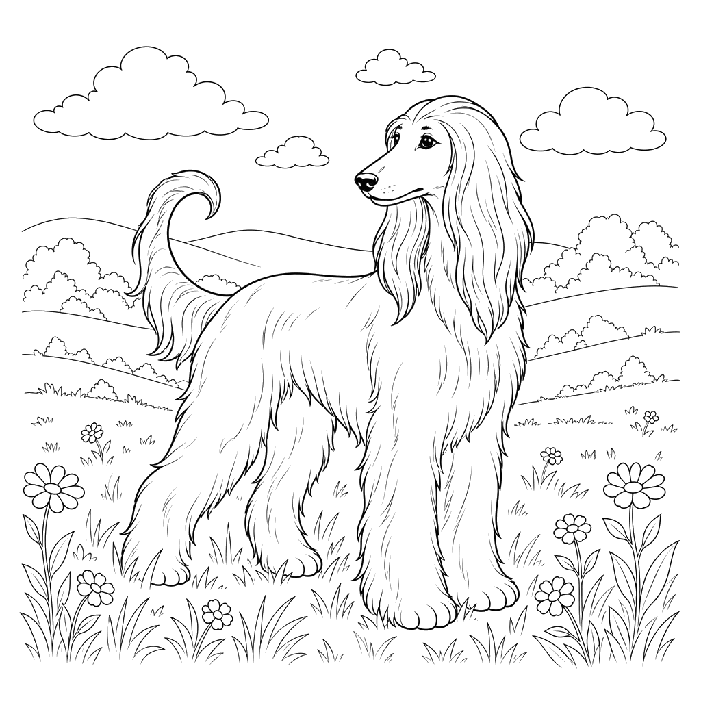 Desenho para colorir: galgo afegão em um campo