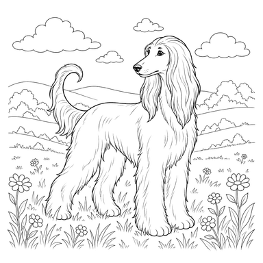 Desenho para colorir: galgo afegão em um campo