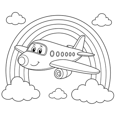 Ausmalbild Flugzeug fliegt durch den Regenbogen