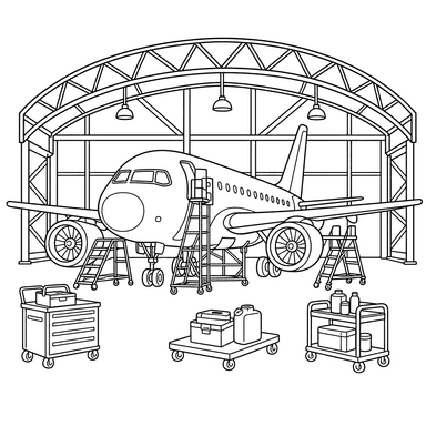 Avião no hangar — página para colorir