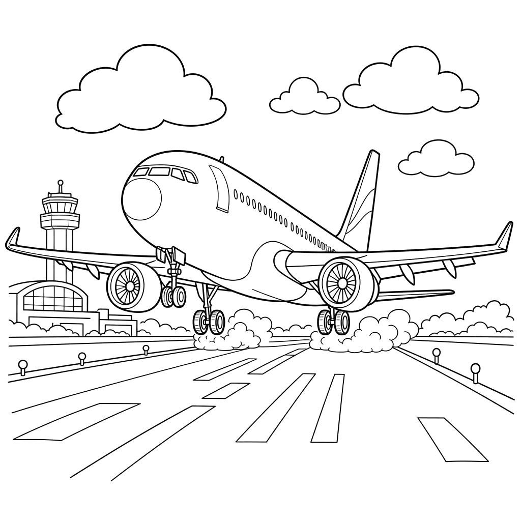 Ausmalbild: Flugzeug landet auf der Landebahn