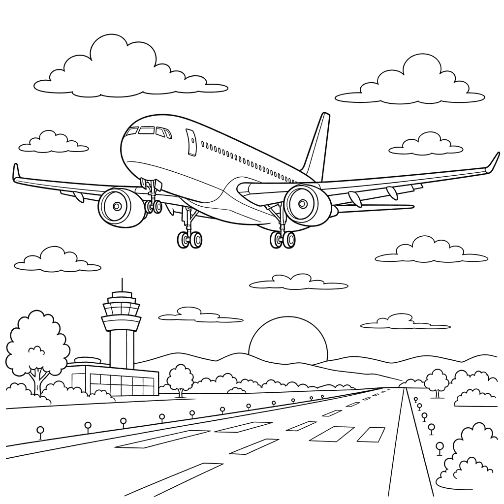 Ausmalbild Flugzeug bei der Landung