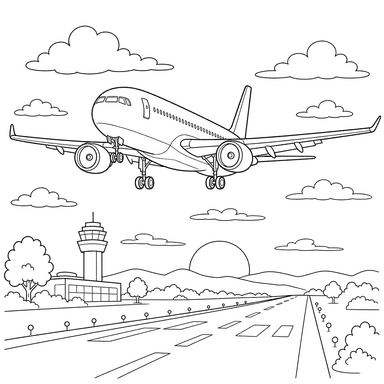 Ausmalbild Flugzeug bei der Landung