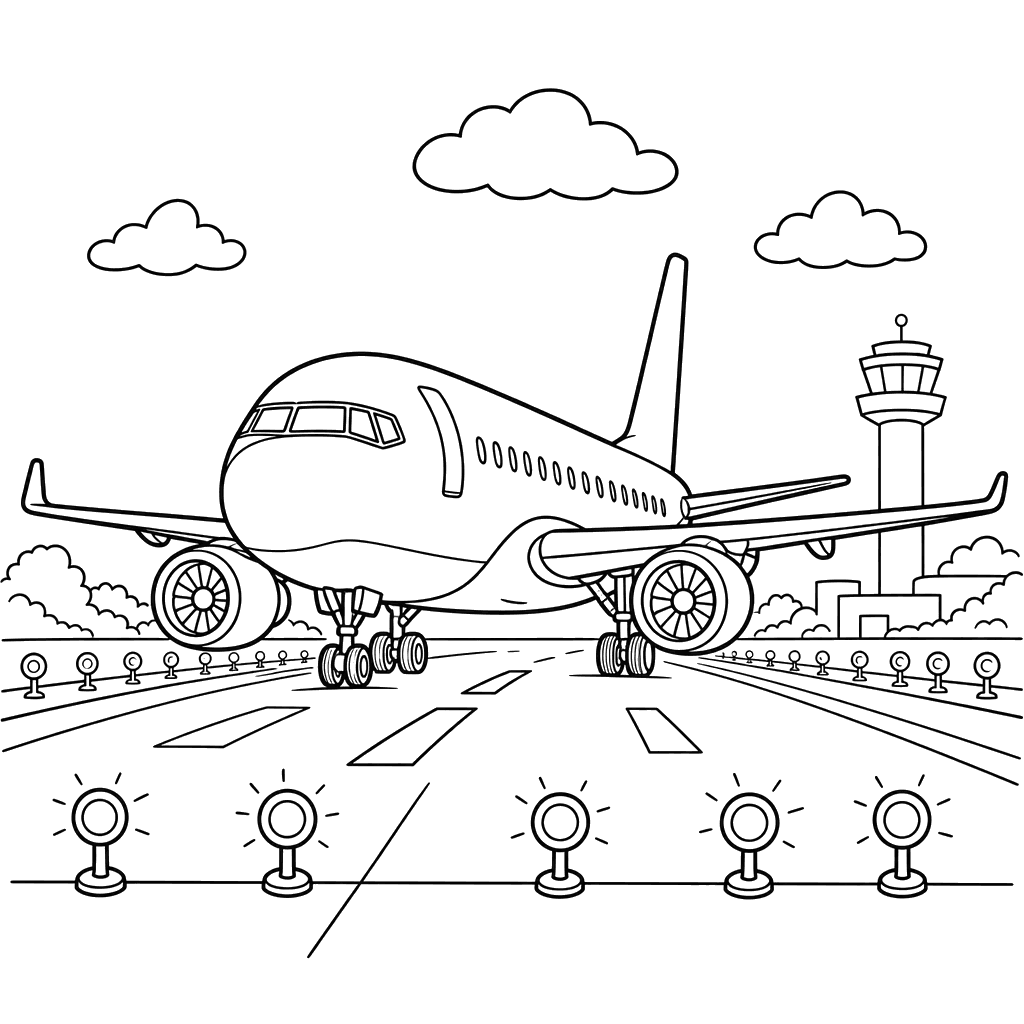 Ausmalbild: Flugzeug auf der Startbahn mit Lichtern