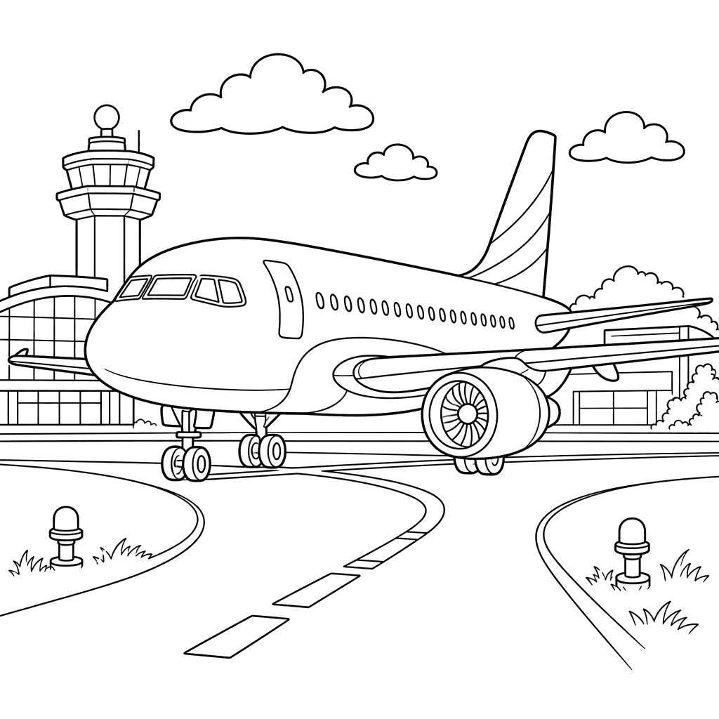 Ausmalbild: Flugzeug auf der Rollbahn