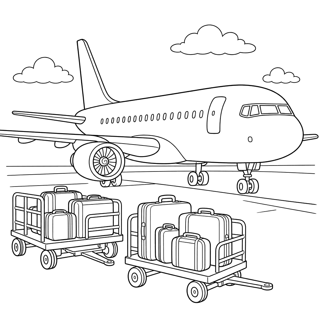 Coloriage Avion et Chariots à Bagages