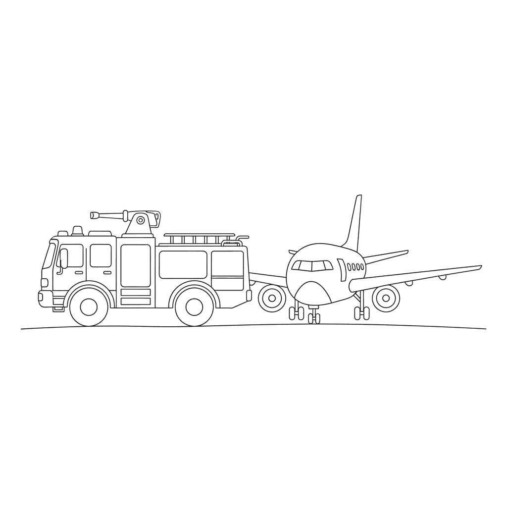 Ausmalbild Flughafen-Feuerwehrwagen und Flugzeug