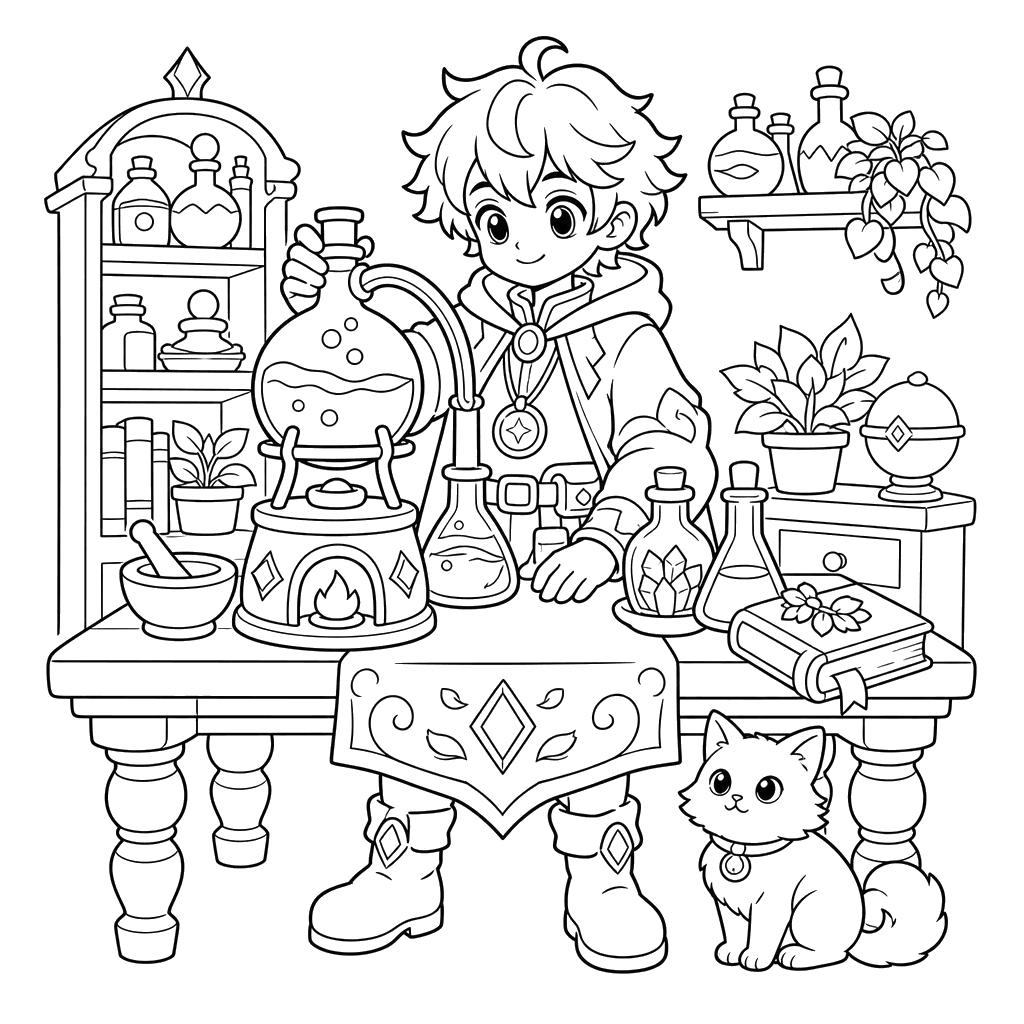 Alquimista en la mesa — dibujo para colorear