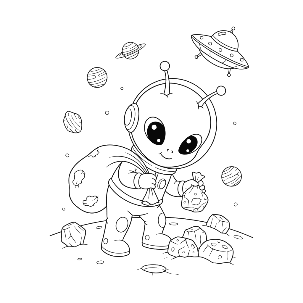 Dibujo para Colorear Alien Recogiendo Rocas Espaciales