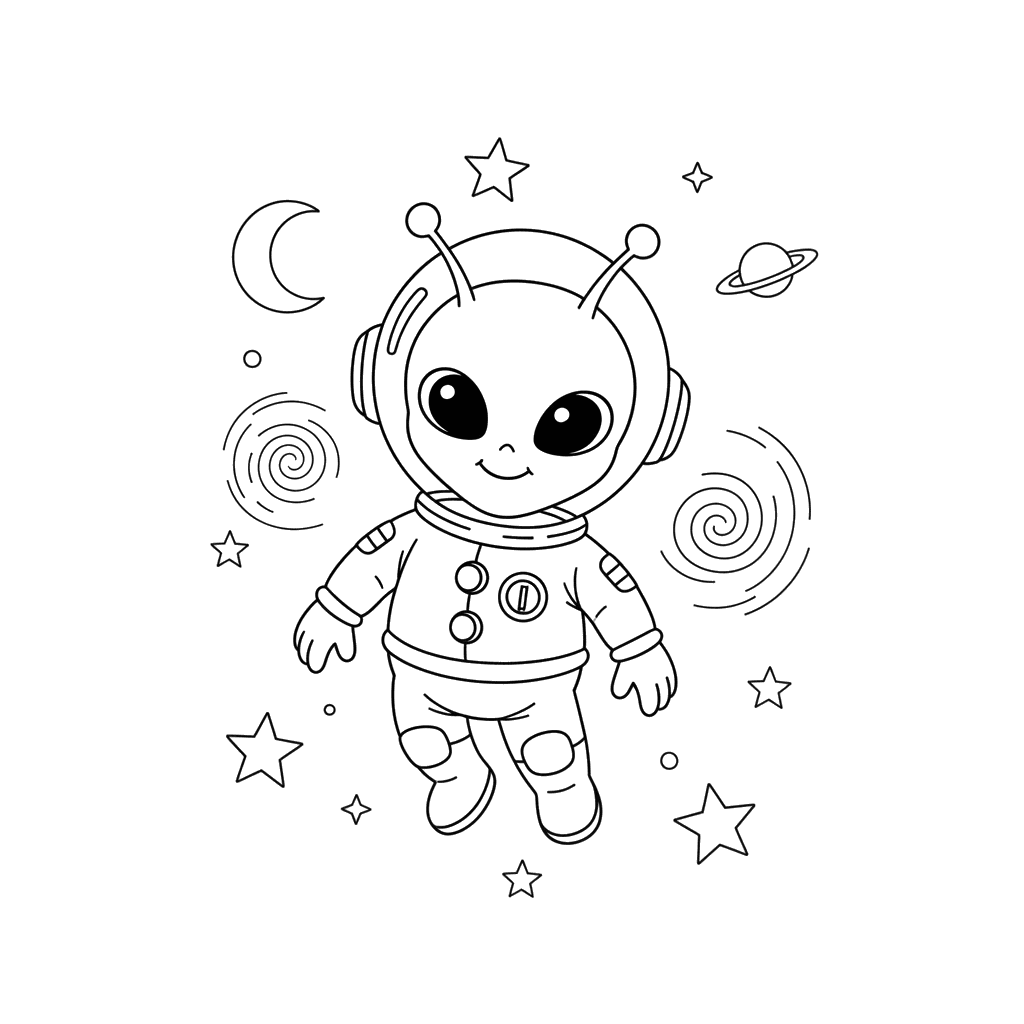 Dibujo para Colorear Alien Amigable en el Espacio