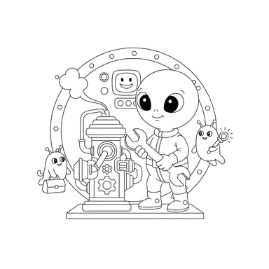 Ausmalbild: Alien repariert Raumschiff