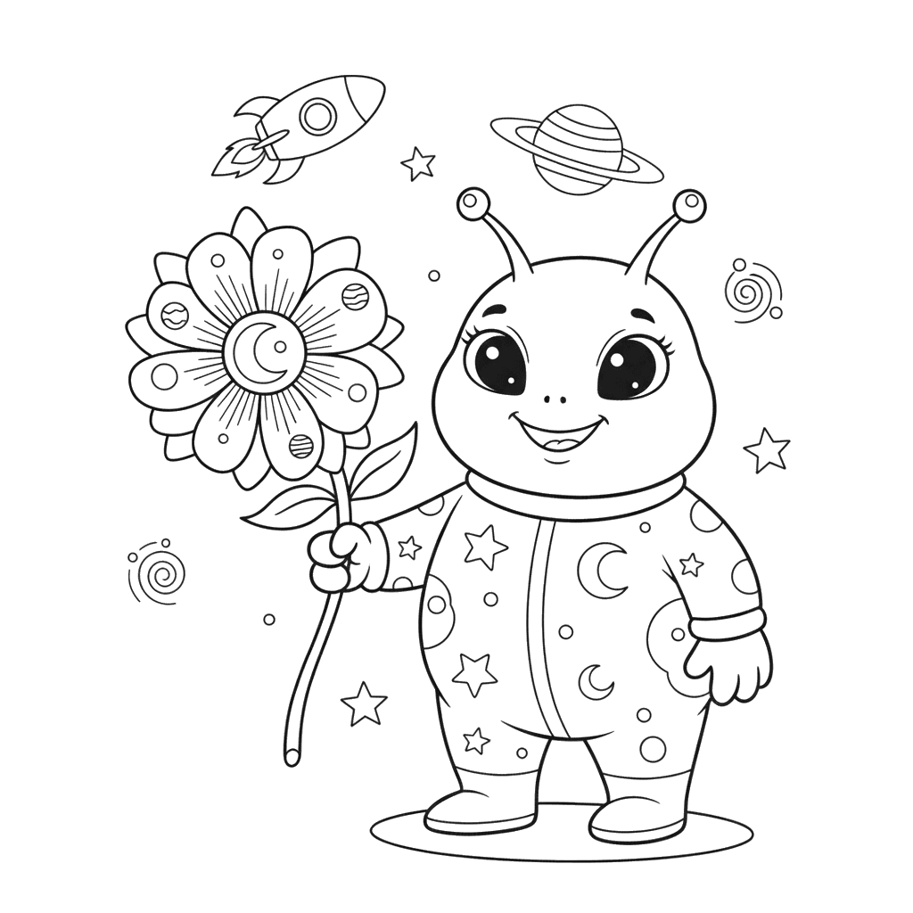 Dibujo para Colorear: Alien con Flor Espacial